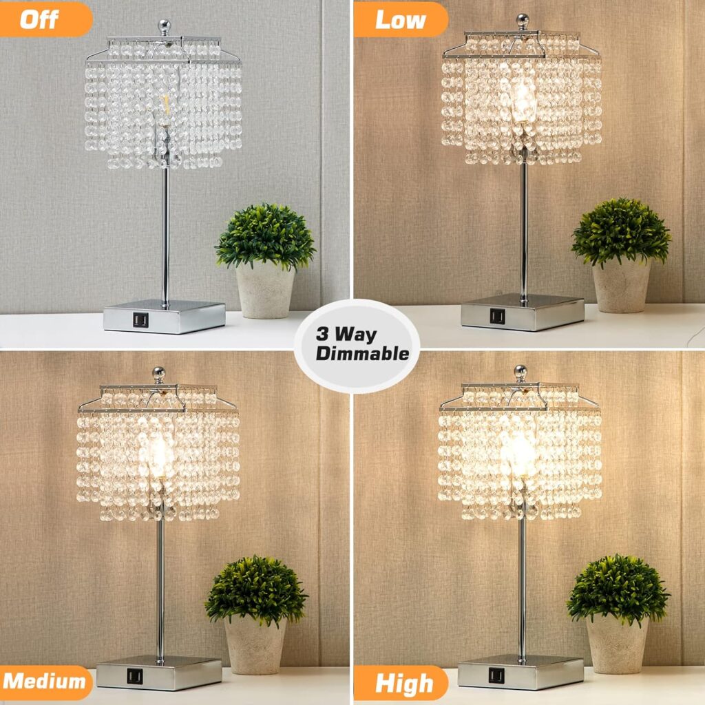 Luvkczc Set of 2 Crystal Table Lamp with Touch Control, USB Bedside Crystal Table Lamp, 3-Way Dimmable Lamp with Crystal Shade for Bedroom, Living Room, 6W LED Bulb Included