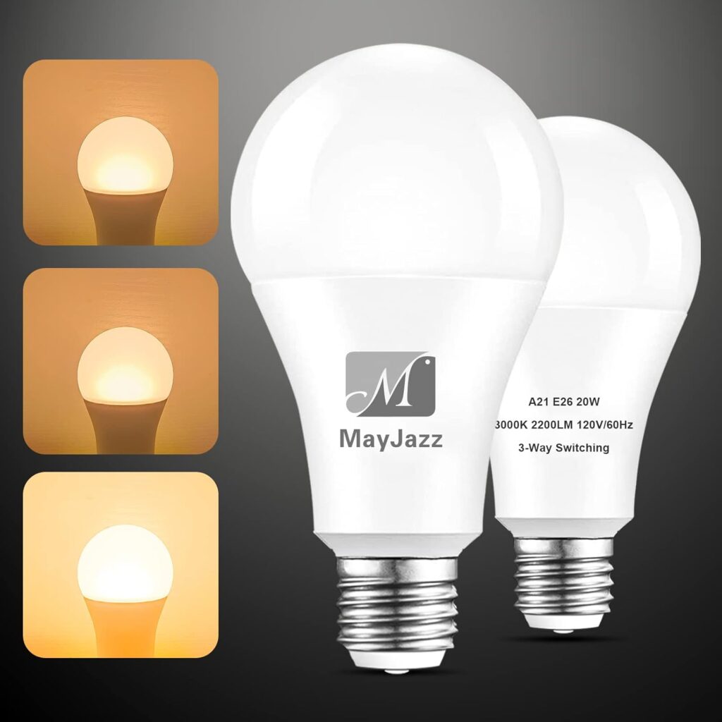 M MayJazz 3 Way LED Light Bulbs 50 100 150 Watt Equivalent,A21 3000K Soft White,6-14-20W,E26 Medium Base,2 Pack