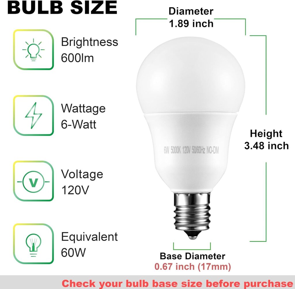Maelsrlg E17 Intermediate Base LED Bulb, 6W (60 Watt Equivalent) G14 Globe Ceiling Fan Light Bulbs, Daylight White 5000K, 600 Lumens, Non-Dimmable, Pack of 6