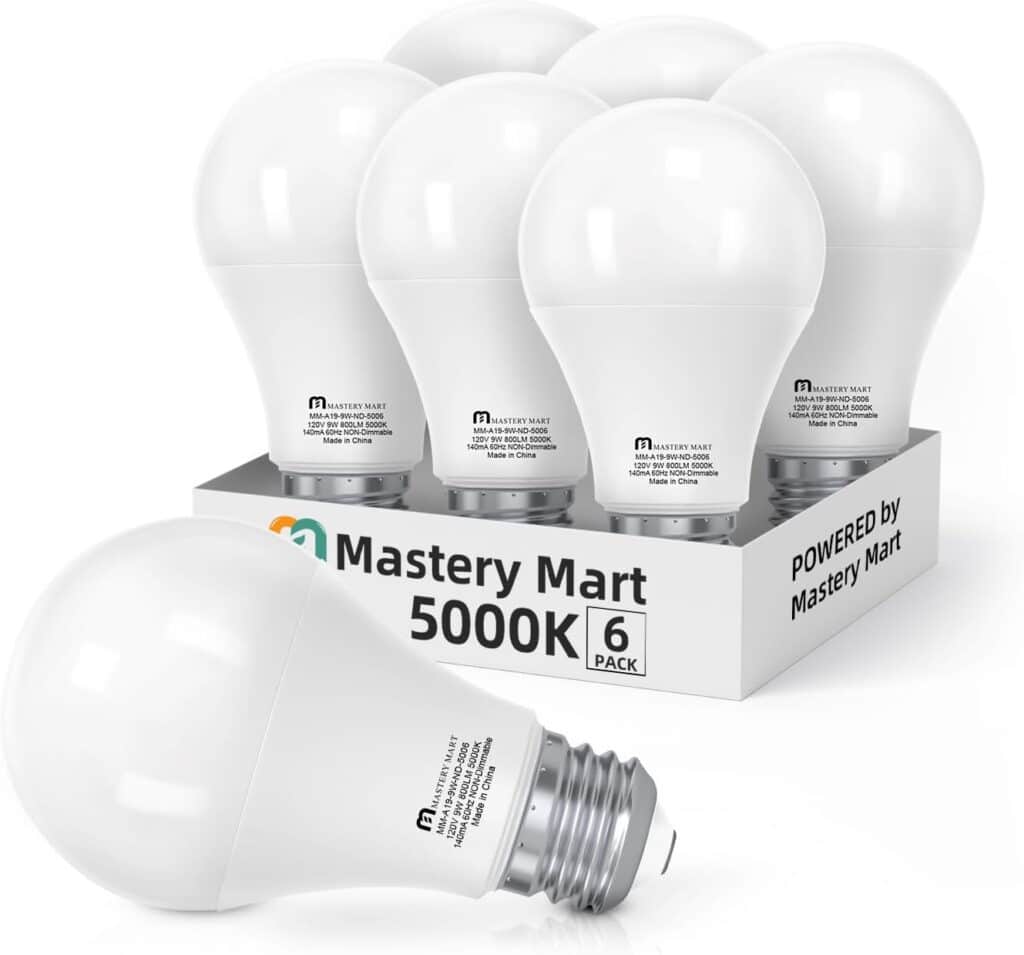MASTERY MART A19 [60-Watt] Led Light Bulbs, E26 Base, 5000K Bright Daylight White, 800 Lumens, CRI 80+, Non-Dimmable, Energy Star, UL Listed, 9W [60W Equivalent]- (6 Pack)