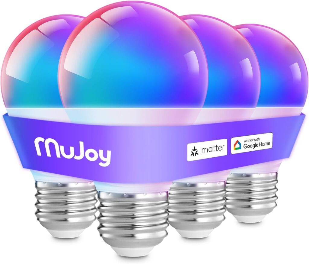 mujoy Smart Light Bulbs (Matter), Color Changing Light Bulb Work with Google Home/Alexa/Apple Home, A19 E26 Alexa Smart Light Bulb, 800LM CRI90 RGBWW Music Sync, 60W Equivalent, 4 Pack