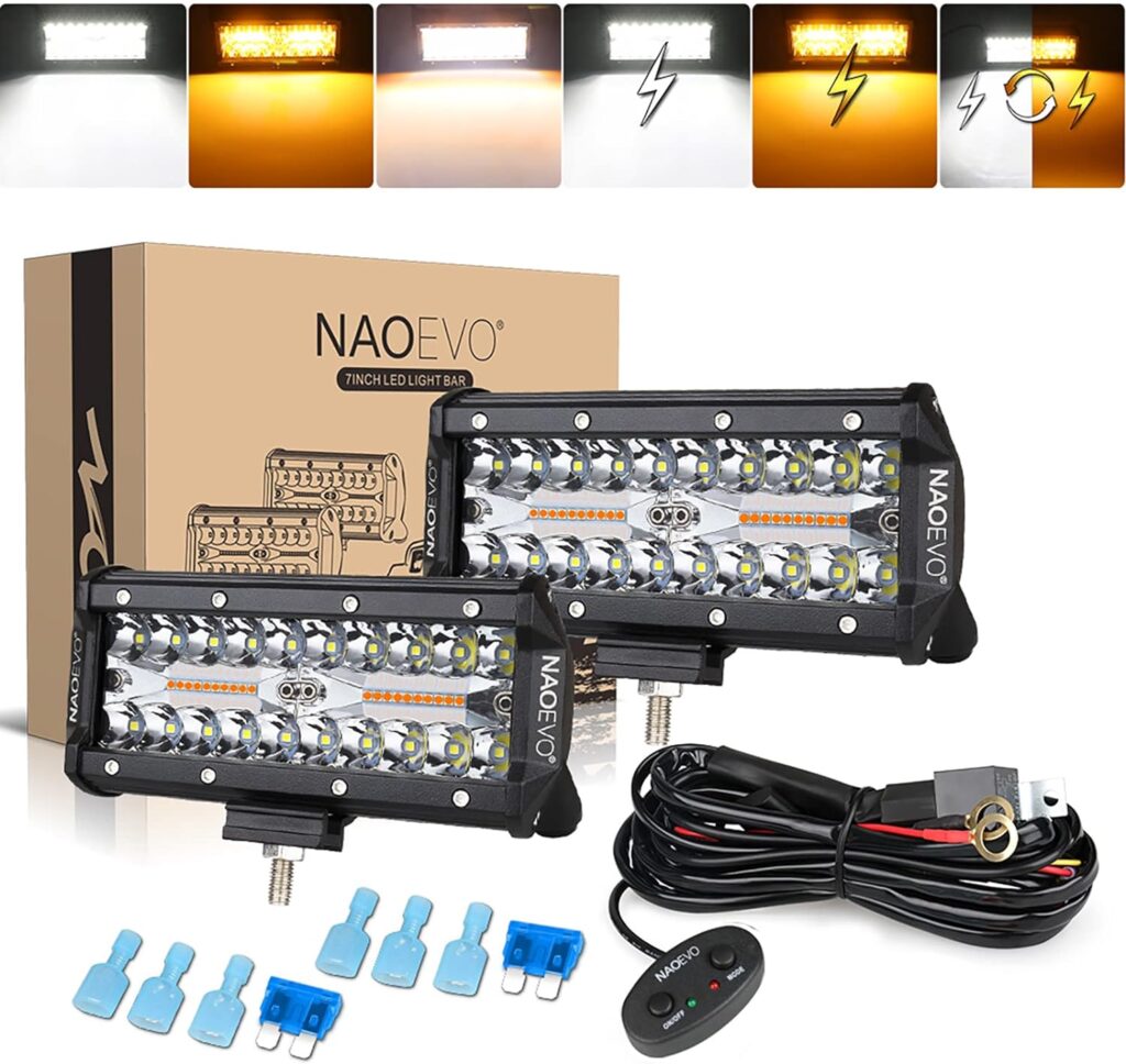 NAOEVO LED Light Bar Strobe Lights 7inch, 6 Modes 240W Amber White with Memory Function, Off Road Fog Driving Work Light for Truck Boat Jeep, 16AWG 12FT Wiring Harness Kit - 2 Leads