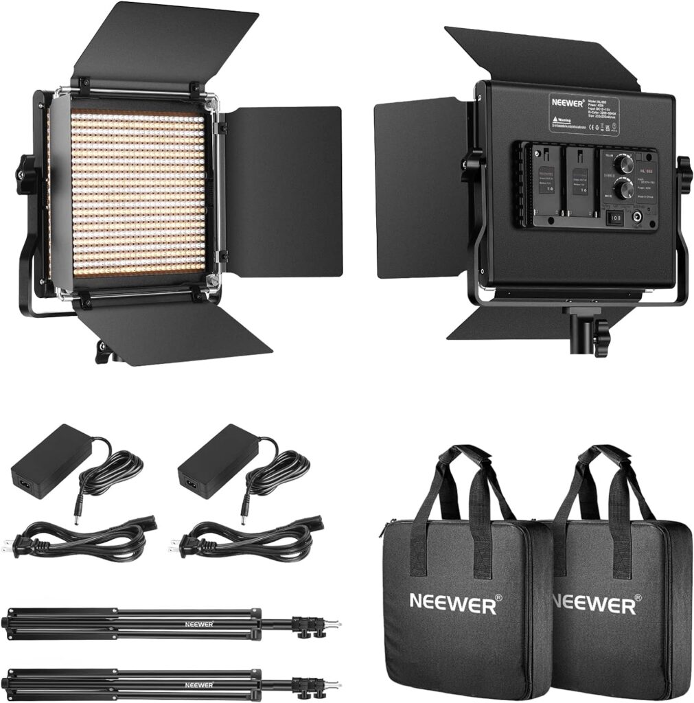 NEEWER 2 Pack Bi Color 660 LED Video Light and Stand Kit: (2) 3200-5600K CRI 96+ Dimmable Light with U Bracket and Barndoor, (2) 75 inches Light Stand for Studio Photography, Video Recording (Black)