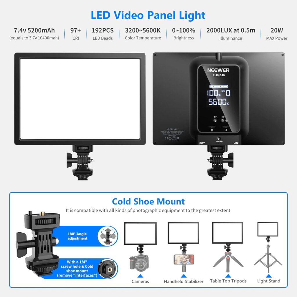 NEEWER Advanced 2.4G LED Video Light Panel Lighting Kit, 12.9 Dimmable Bi Color Soft Key Light with Remote/3200K~5600K/CRI 97+/Built in 7.4V 5200mAh Battery for Game/Live Stream/YouTube/Photography