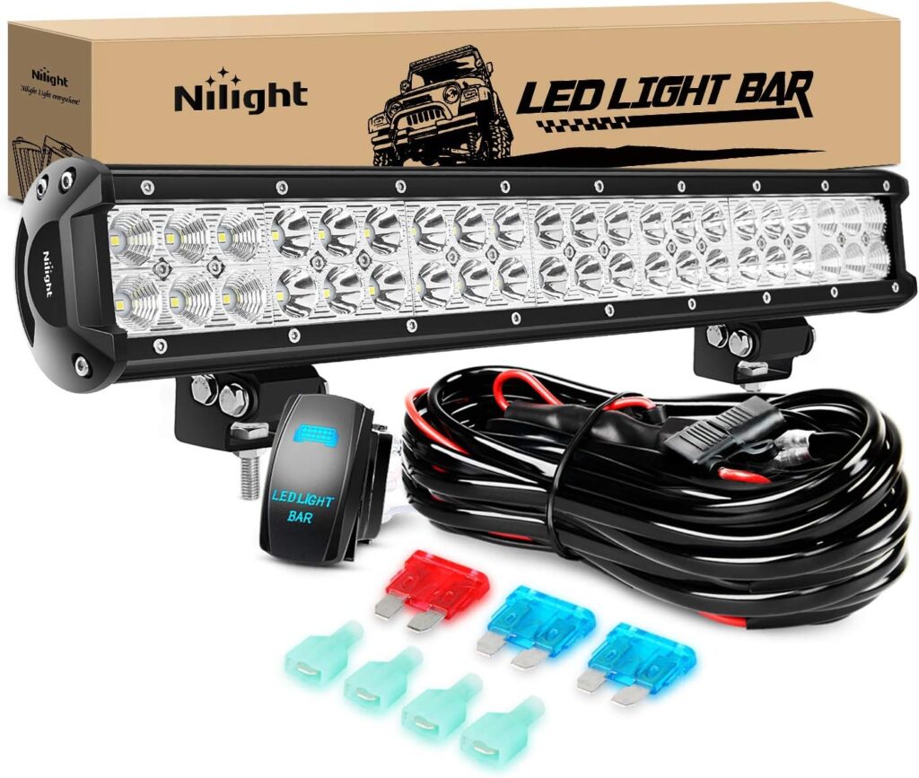 Nilight LED Light Bar 20 Inch 126W Spot Flood Combo Led Off Road Lights 12V 5Pin Rocker Switch LED Light Bar Wiring Harness Kit, 2 Years Warranty, Model: ZH082, Clear