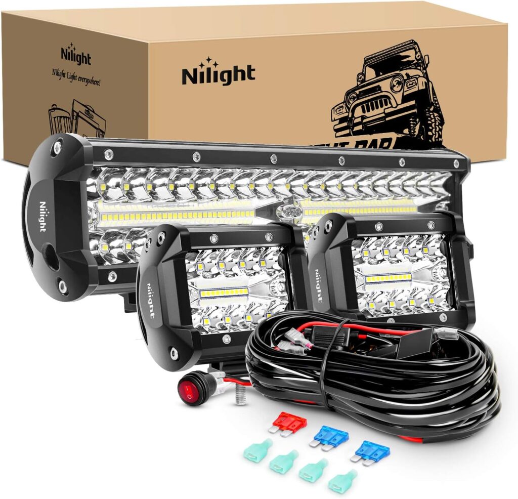 Nilight LED Light Bar Set, 12 Inch 300W Triple Row Spot Flood Combo Work Driving Lamp, 2 Pcs 4 inch 60 W with Wiring Harness for Off road ATV Boat Lighting, Year Warranty