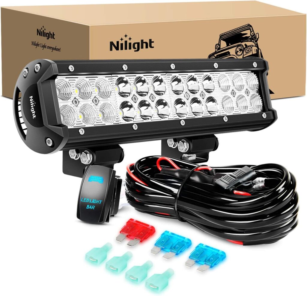 Nilight - ZH084 LED Light Bar 12Inch 72W Spot Flood Combo LED Off Road Lights 12V 5Pin Rocker Switch Wiring Harness Kit- One Lead, 2 Years Warranty