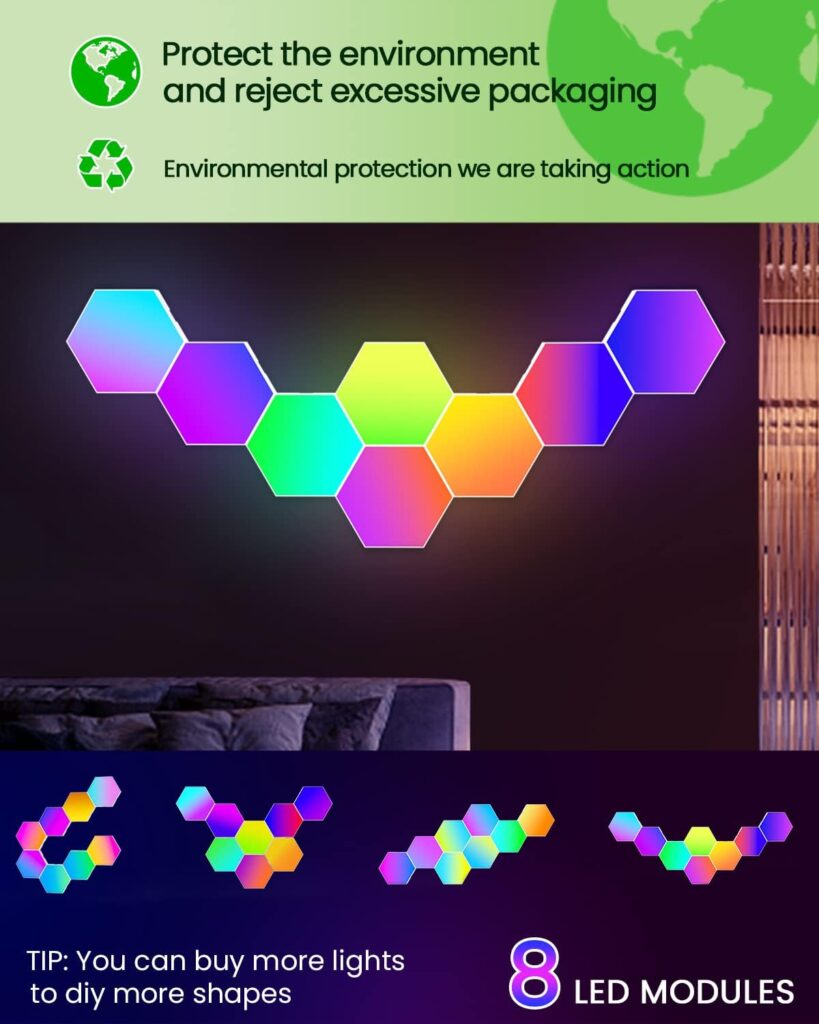 NIUCOO 8 Pack Hexagon Lights for Wall Led - Music Sync RGB Hexagon Lights with APP  Remote for Gift for Home Decor, Bedroom, Gaming Room, Kids/Adults