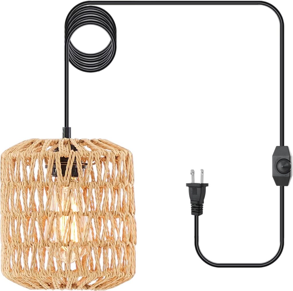 Plug in Pendant Light, Boho Rattan Hanging Lamp with Plug in Cord  Stepless Dimming Switch, Hanging Lights with Handwoven Hemp Rope Lampshade for Bedroom Decor Living Room Hallway Kitchen Island