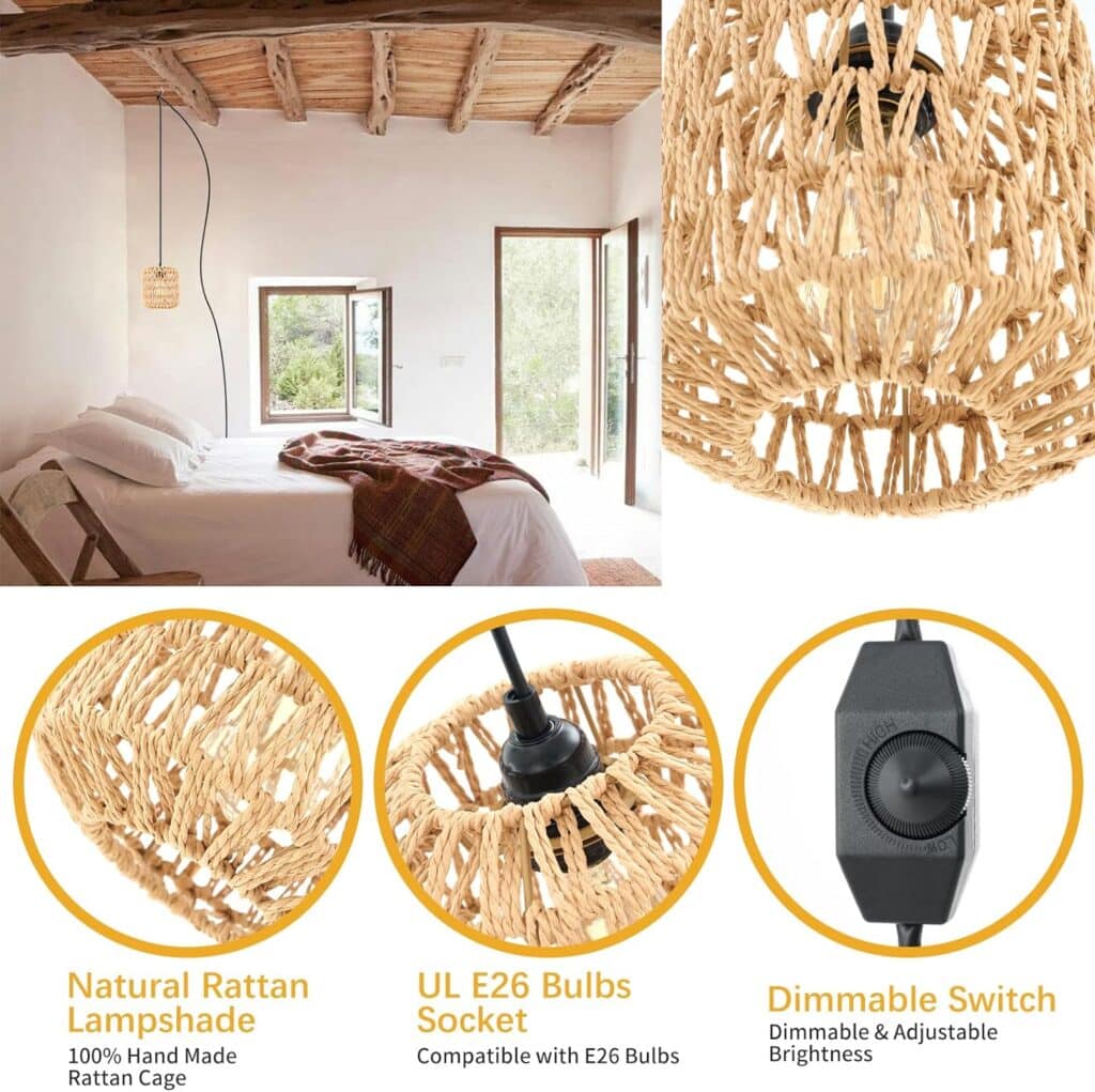 Plug in Pendant Light, Boho Rattan Hanging Lamp with Plug in Cord  Stepless Dimming Switch, Hanging Lights with Handwoven Hemp Rope Lampshade for Bedroom Decor Living Room Hallway Kitchen Island