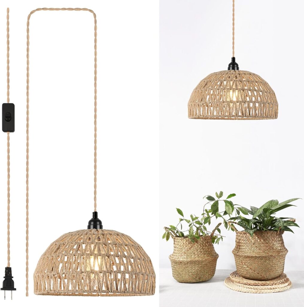 Plug in Pendant Light Hanging Lights with Plug in Cord 15ft Farmhouse Hanging Lamp Woven Rattan Plug in Ceiling Light Fixture for Living Dinning Room Bedroom Kitchen Island