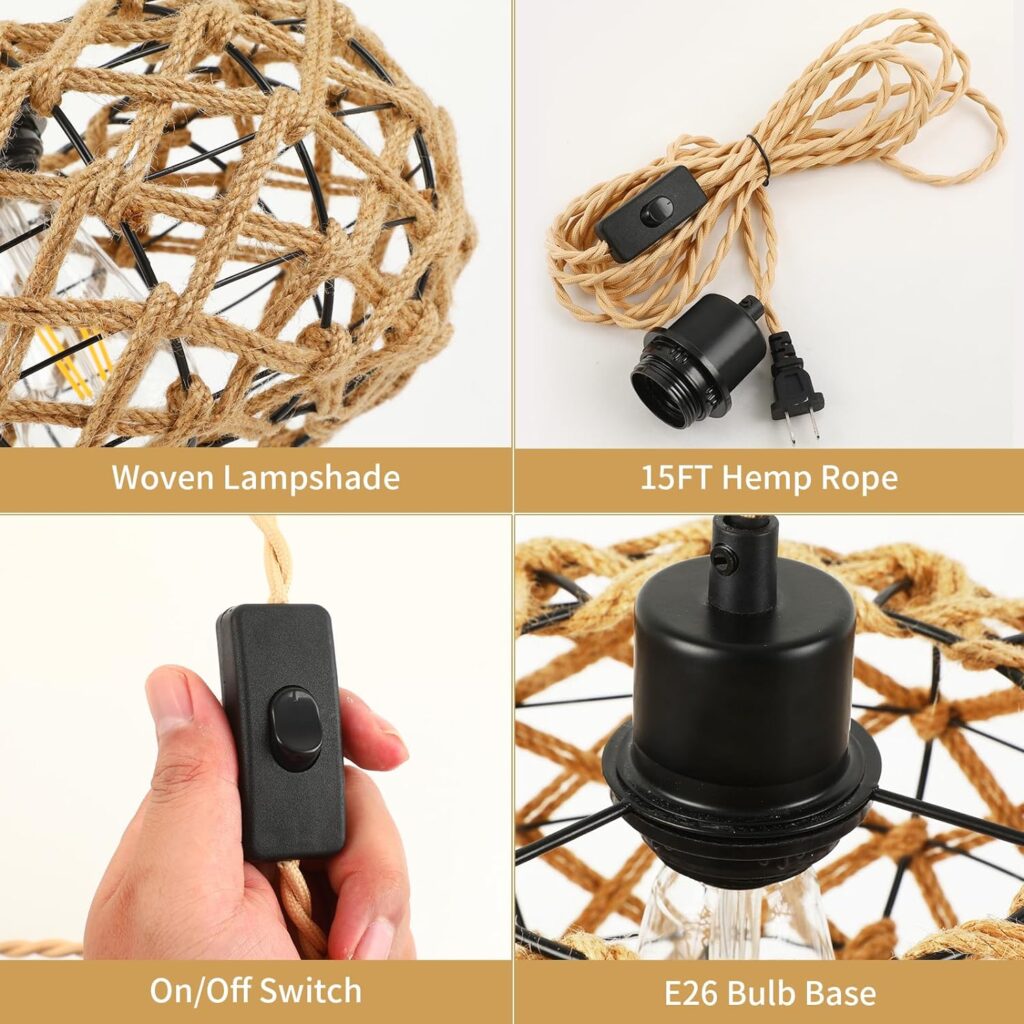Plug in Pendant Light Hanging Lights with Plug in Cord 15ft Farmhouse Hanging Lamp Woven Rattan Plug in Ceiling Light Fixture for Living Dinning Room Bedroom Kitchen Island