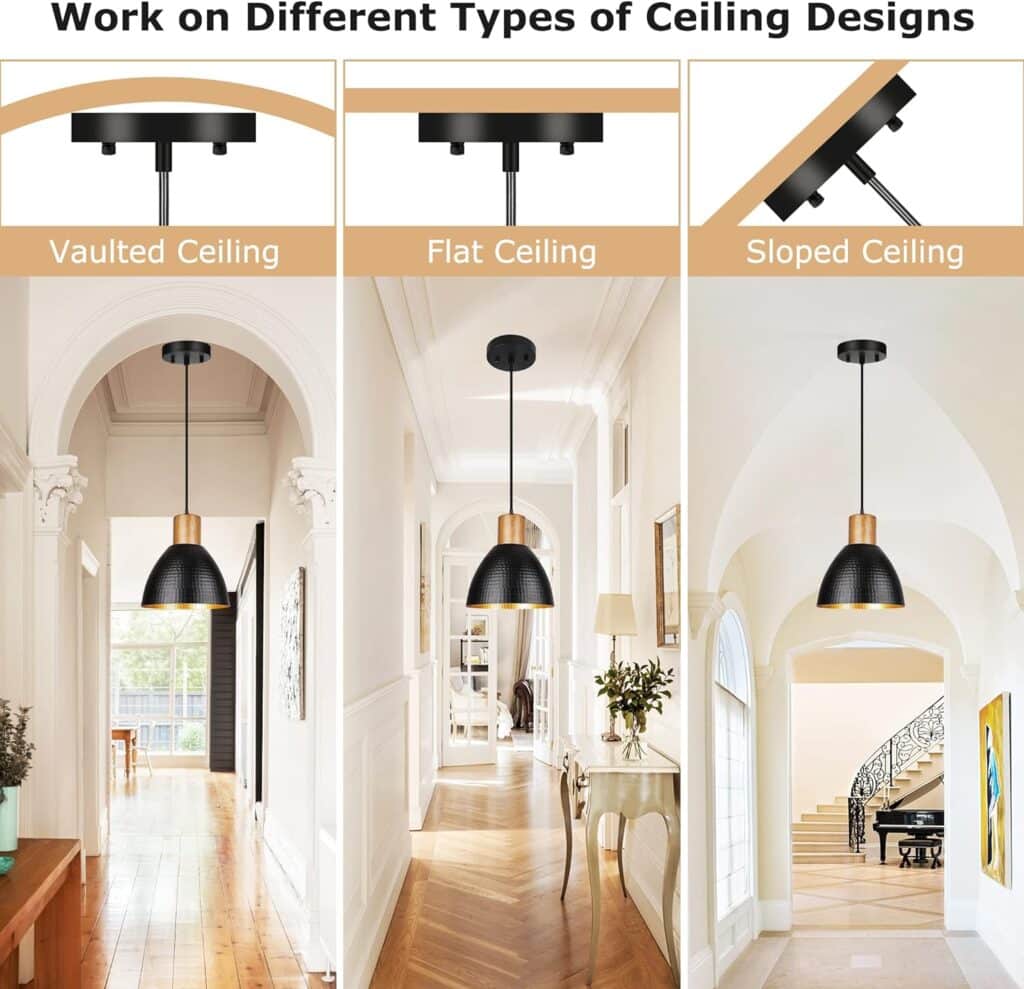 Plug in Pendant Light, Industrial Hanging Ceiling Lamp with 15Ft Cord On/Off Switch, Farmhouse Wood Chandelier Fixture with 10.25 Black Hammered Metal Shade Over Kitchen Island Sink Bed Room Living