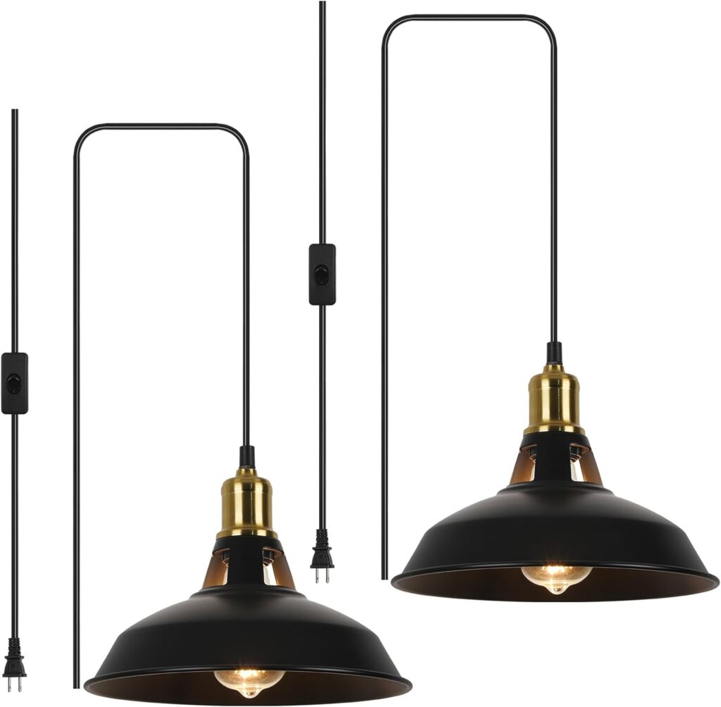 Plug in Pendant Light, Industrial Hanging Lights with Plug in Cord 14.6ft On/Off Switch Black Hanging Lamp 2 Pack Barn Pendant Lighting Fixture for Farmhouse, Kitchen, Bedroom, Sink