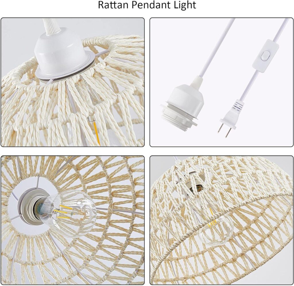 Plug in Pendant Light Rattan Hanging Lamp with 15 Ft Hemp Rope Cord, Hanging Lights with Plug in Cord, Woven Boho Wicker Basket Lamp Shade Plug in Ceiling Light Fixture for Kitchen Island (Cream)
