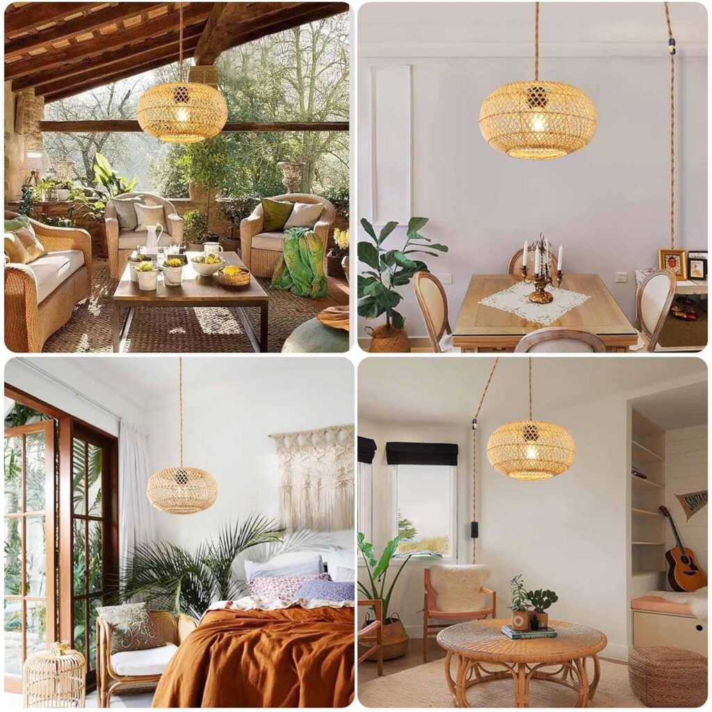 Plug in Pendant Light Rattan Hanging Lights with Plug in Cord, 15 FT Hemp Rope Cord Pendant Lamp Bamboo Lampshade, Farmhouse Industrial Boho Plug In Ceiling Light Fixture For Living Room Bedroom