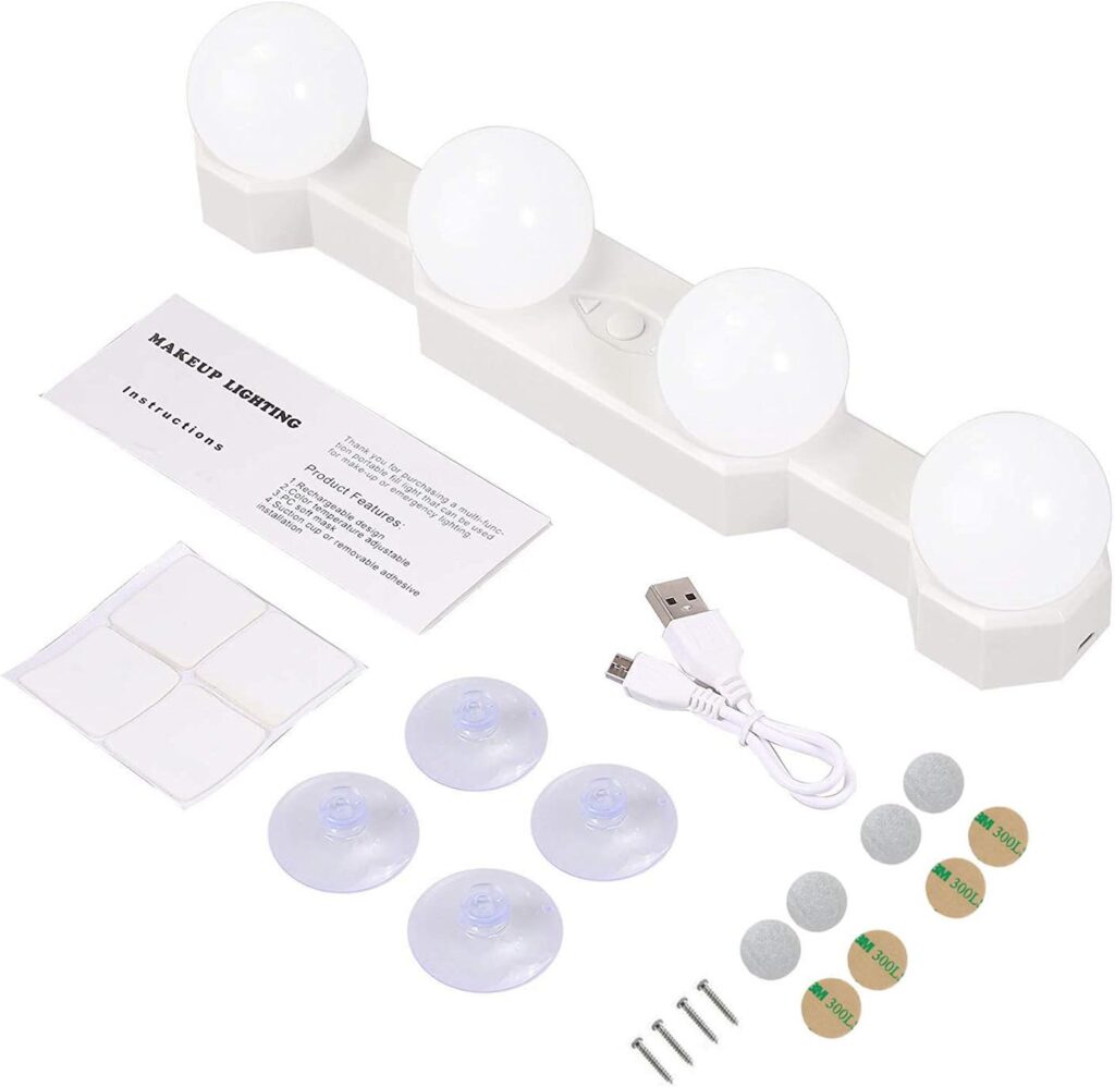 Portable LED Makeup Lights, 2000mha Rechargeable Vanity Mirror Lights kit with 4 Hollywood Styles Bulb for Bathroom Dressing Room Vanity Table