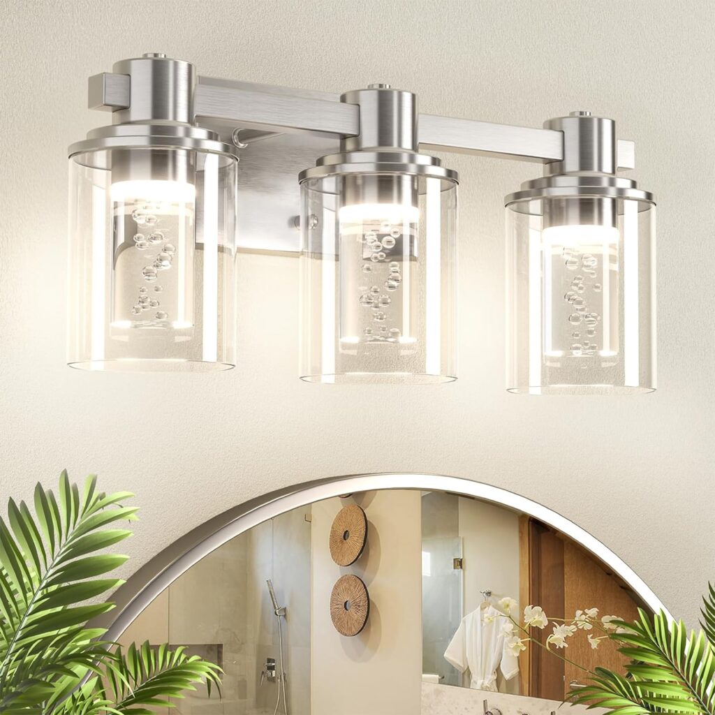 Quntis Bathroom Light Fixtures, Bathroom Vanity Light 3-Light Brushed Nickel, Bathroom Lighting Fixtures Over Mirror with Bubble Glass for Hallway Bedroom Living Room (5 Colors, Stepless Dimmable)