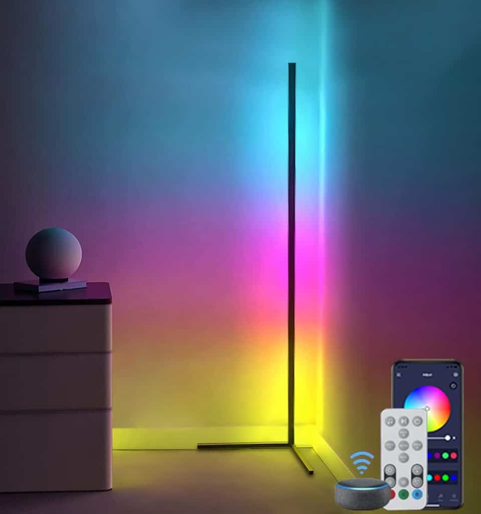 RGB Corner LED Floor Lamp, Corner Floor Lamps, 56 Music Mood lighting Sync Dimmable Home Decor, Color Changing Gaming Light, Timing Stand Lights for Bedroom, Living Room, DIY Colors  Scene Modes