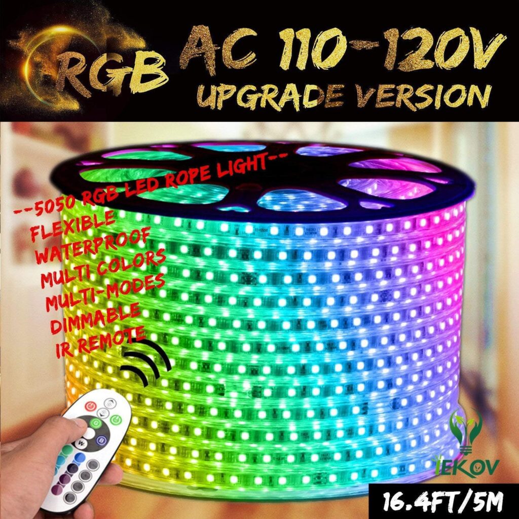 RGB LED Strip Light, IEKOV™ AC 110-120V Flexible/Waterproof/Multi Colors/Multi-Modes Function/Dimmable SMD5050 LED Rope Light with Remote for Home/Office/Building Decoration (98.4ft/30m)