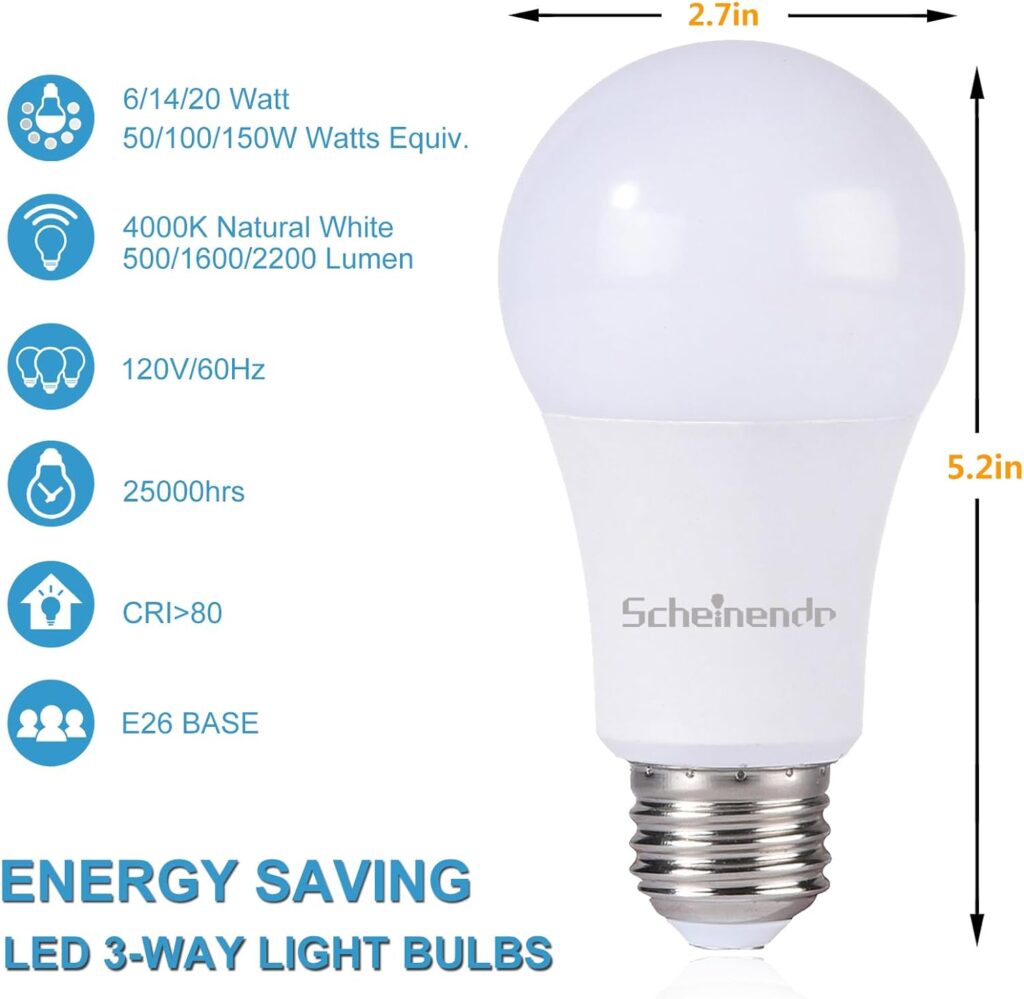 Scheinenda 3-Way Led Light Bulbs A21, 50 100 150 Watt Equivalent, Perfect for Reading, 3000K Warm White, Indoor Standard E26 Bulb, Energy Efficient 20 Watt, 2200 Lumens, 2 Pack