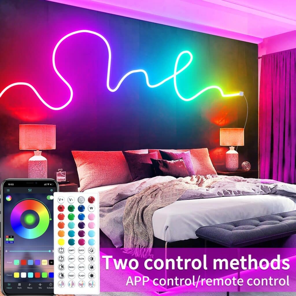 segrass 32.8ft LED neon Lights with Remote APP Control IP65 Waterproof Flexible Neon Strip Lights 24V RGB Rope Lights for Bedroom Room Outdoors Decor
