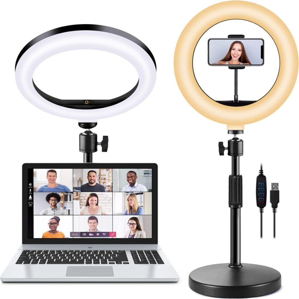 Selfie Ring Light with Stand and Phone Holder, 10 Dimmable Desktop LED Circle for Laptop,Computer, Lighting Kit Gifts Live Streaming/Laptop Video Conference/Chat/Makeup/YouTube/Tiktok/Vlog