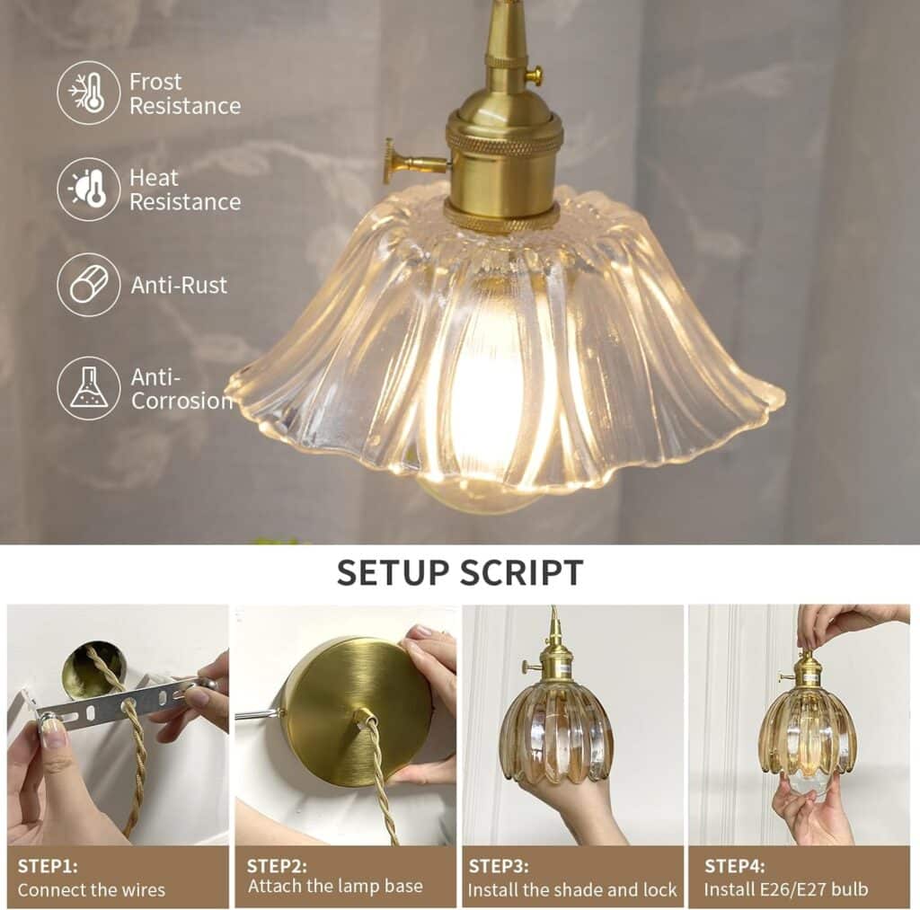 Shenmoyl Pendant Light Glass Hanging Light,E26/E27 Drop Ceiling Light Fixture Lamp for Farmhouse Kitchen Island Bedroom 7.48 Inch Diam with Retro Clear Flowers Lampshade Pattern Lampshade