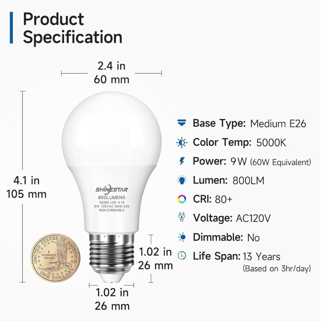 SHINESTAR LED Light Bulbs 60 Watt 6-Pack, Bright White 5000K E26 A19 Daylight Bulb, Non-dimmable