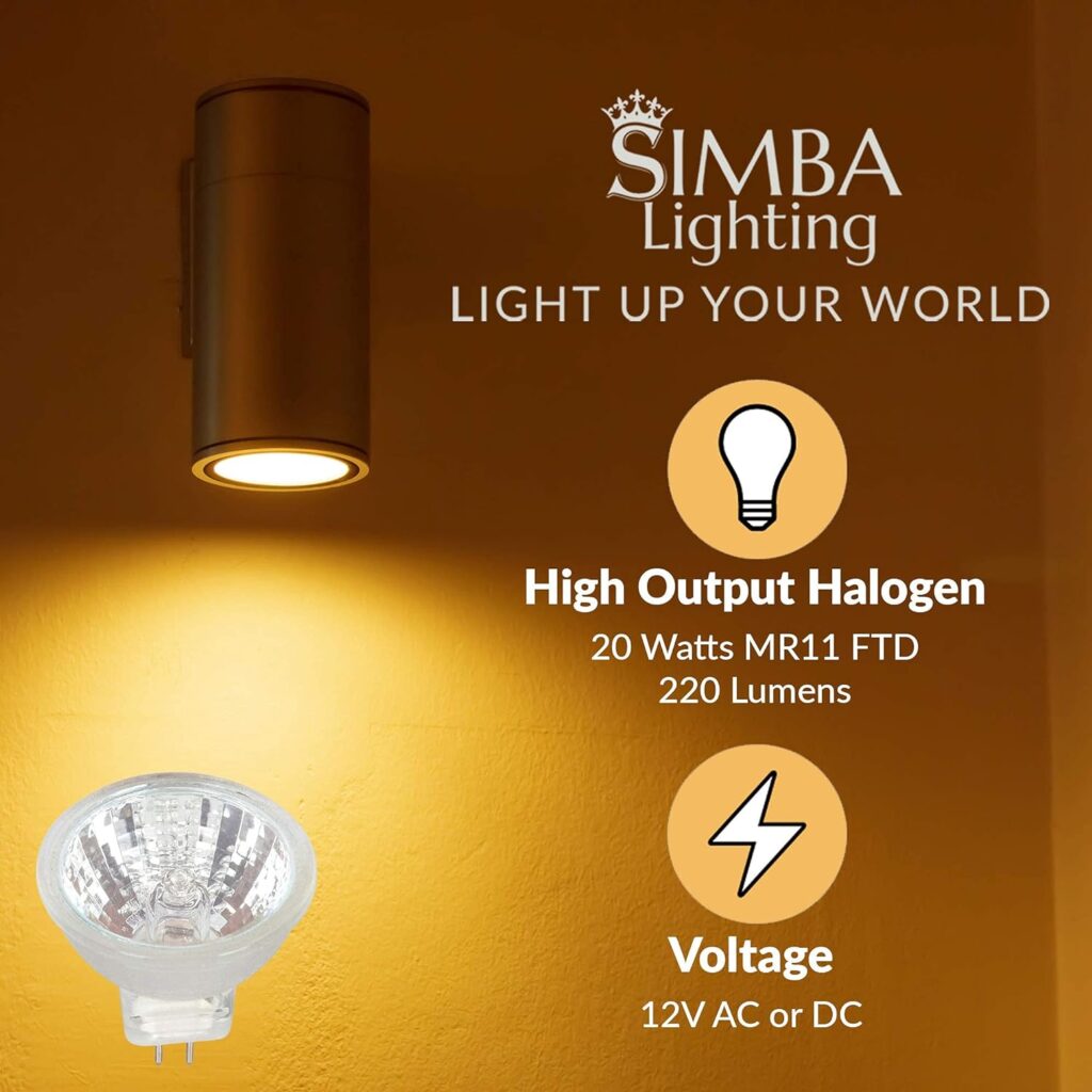 Simba Lighting MR11 Halogen 20W 12V FTD Spotlight Light Bulbs (10 Pack) 2-Pin 220lm for Landscape, Accent, Track Lights, and Fiber Optics, GU4 Bi-Pin Base, Glass Cover, Warm White 2700K Dimmable