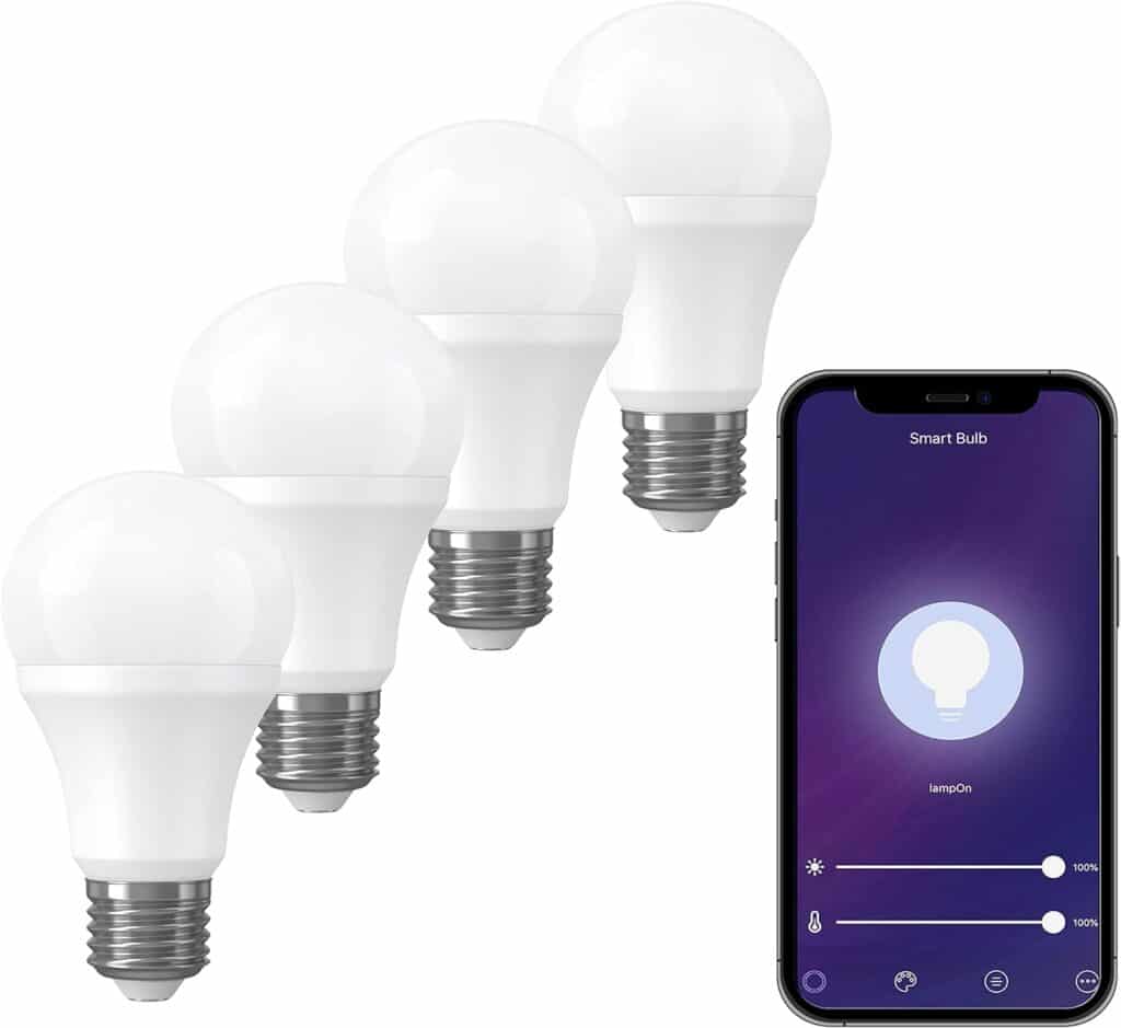 Smart Light Bulbs, E26 A19 Warm White WiFi Brightness Changing Light Bulbs, Dimmable, Compatible with Alexa/Google Assistant and Remote App Control, 10W 800LM, 2700~6500K, 4pack