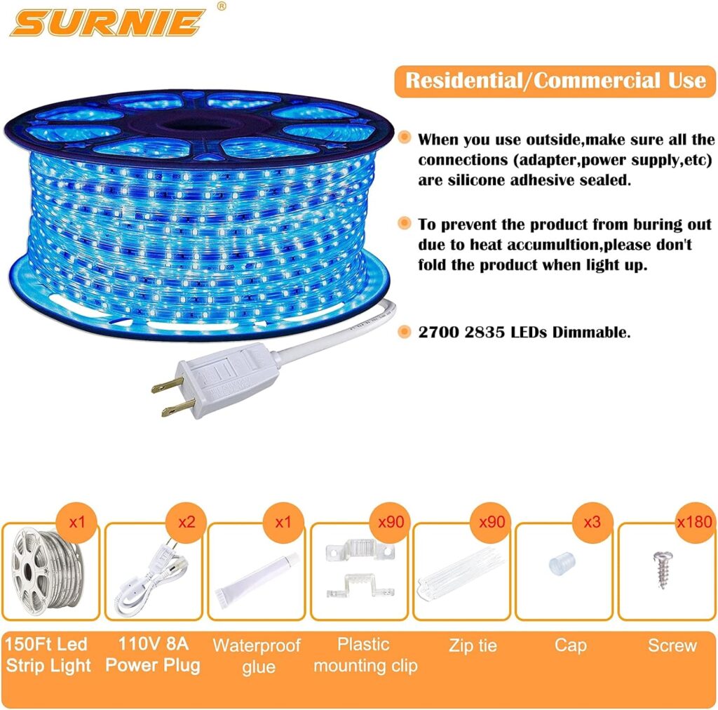 SURNIE 150ft LED Rope Lights Outdoor Waterproof - 110V Daylight White Dimmable Thick Flat Strip Light 6500K Cuttable Connectable for Stairs,Deck,Backyards,Commercial Use Indoor Outdoor Rope Lighting