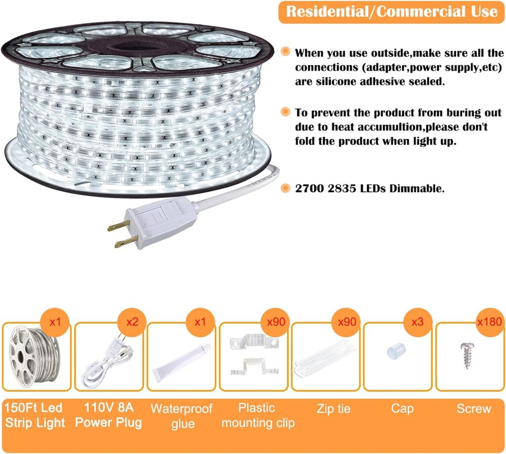 SURNIE 150ft LED Rope Lights Outdoor Waterproof - 110V Daylight White Dimmable Thick Flat Strip Light 6500K Cuttable Connectable for Stairs,Deck,Backyards,Commercial Use Indoor Outdoor Rope Lighting