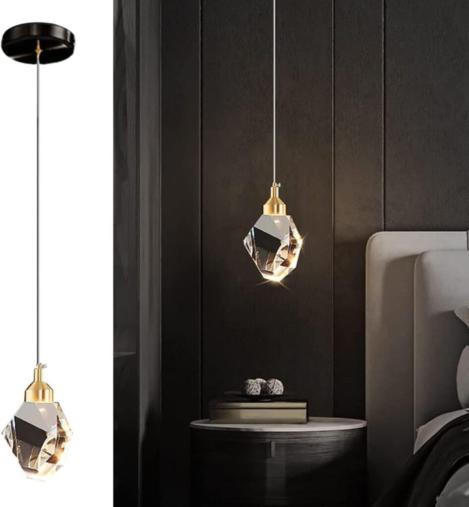 Sxtiger Modern Crystal Pendant Light, 3-Color LED Crystal Pendant Light, Adjustable Height Gold Ceiling Hanging Pendant Lamp, for Kitchen Island Bedroom Dining Room (Black)