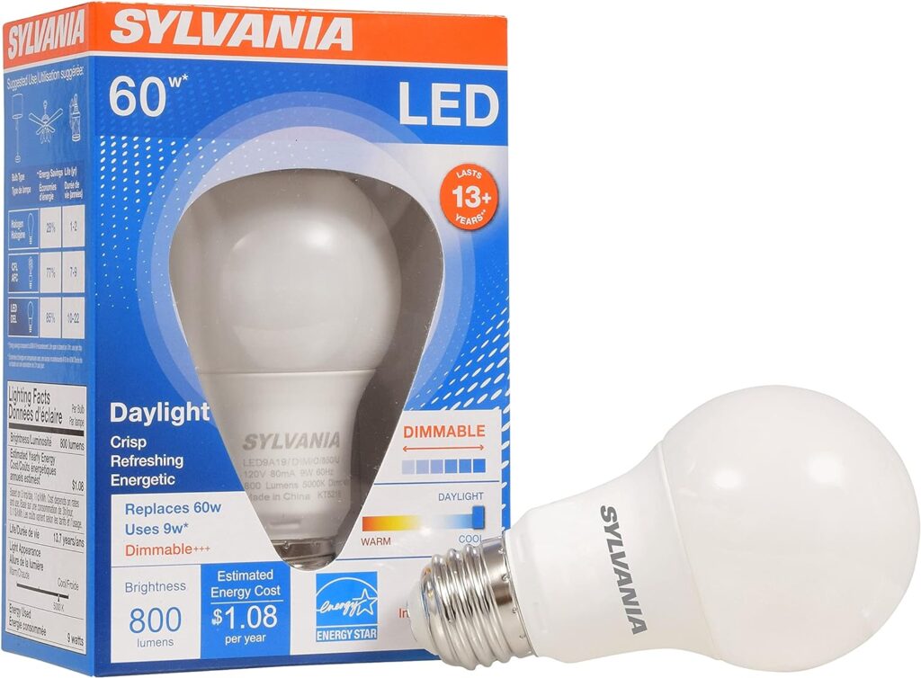 SYLVANIA A19 LED Light Bulb, 9W, 60W Equivalent, 13 Year, Dimmable, 800 Lumens, 5000K, Daylight - 1 Pack (78066)