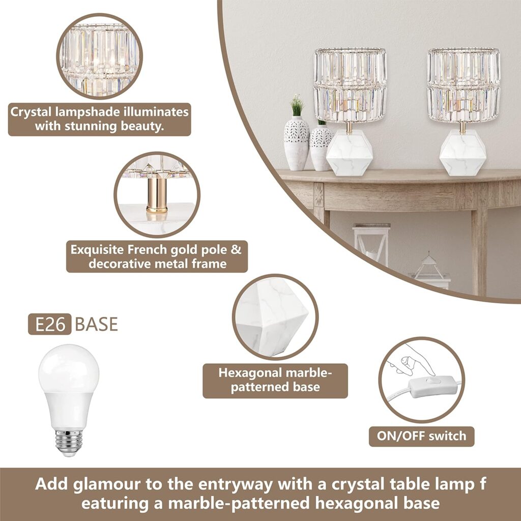 Table Lamp for Bedroom Set of 2 Beside Lamp 15 inch Morden Desk Lamps with Acrylic Crystal Shade for Living Room Bedroom,Office, Nightstand 2 LED Bulbs Included