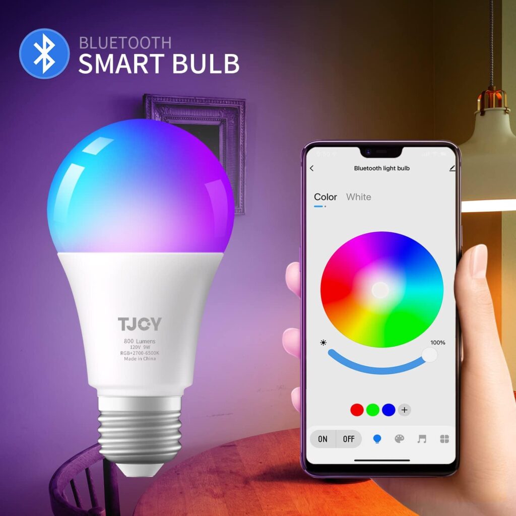 TJOY Bluetooth Light Bulb, Smart Light Bulbs with App Control, RGB Color Changing Led Light Bulbs Music Sync, Led Smart Light Bulb for Room, A19 E26 800LM, 6 Pack (Not Support Alexa/Google/WiFi)