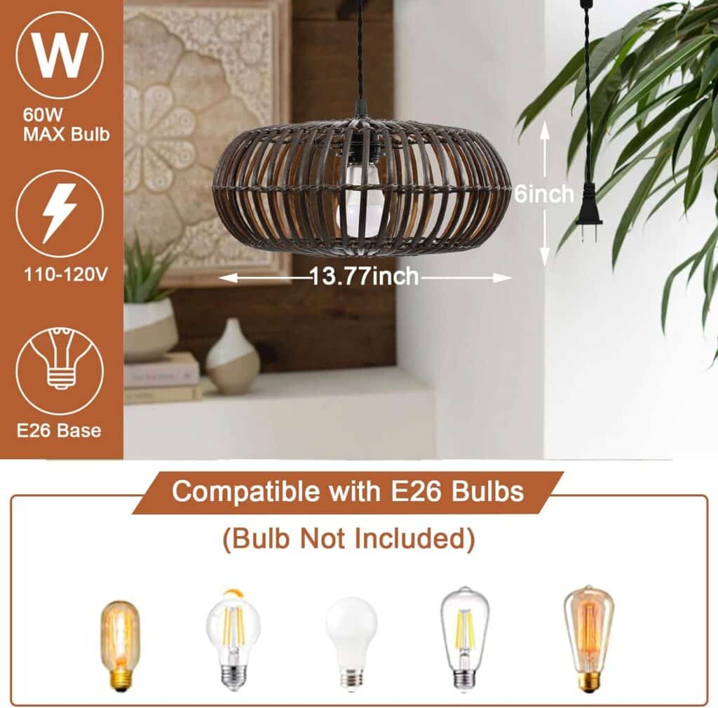 Topotdor Plug in Pendant Light, Rattan Hanging Lights with Plug in Cord, Rustic Rattan Lamp Shade Hanging Ceiling Light Fixture for Living Room Bedroom Kitchen Island,Brown - Amazon.com