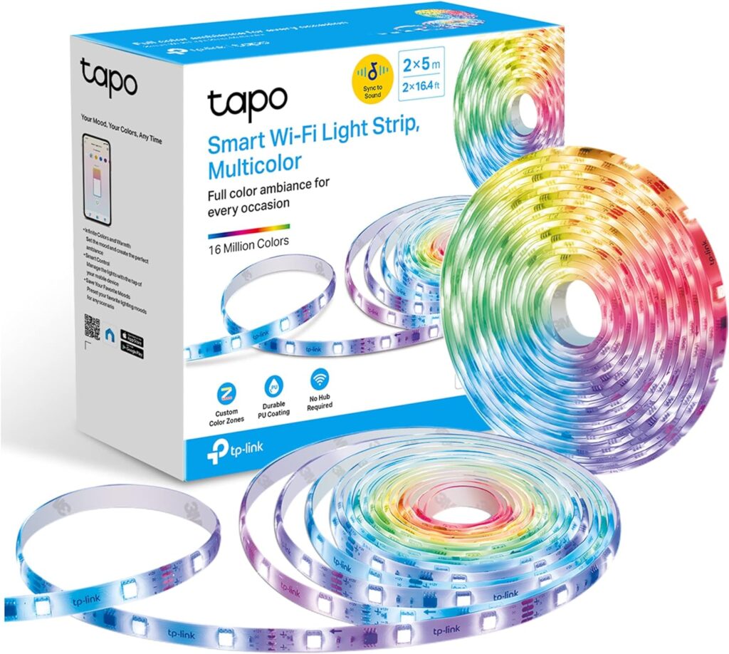 TP-Link Tapo Smart LED Light Strip, 100 Color Zones RGBIC, Sync-to-Sound, 32.8ft(2 Rolls of 16.4ft) Wi-Fi LED Strip Works w/Alexa  Google, IP44 PU Coating, Trimmable, 2 Yr Warranty (Tapo L920-10) : Home  Kitchen