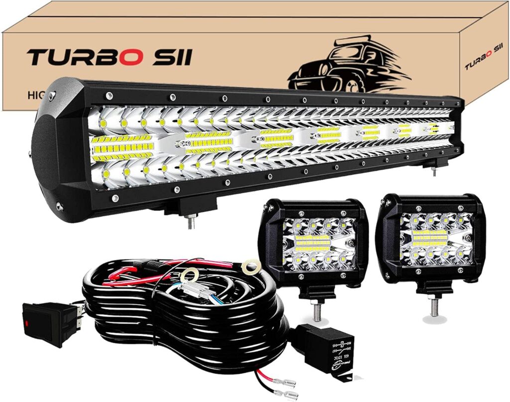 TURBO SII - 20 Inch LED Light Bar 420W Triple Row 42000LM Spot Flood Combo Offroad Driving Light 2P 4 Inch 60W Led Pods Lights with Wiring Harness Kit 3-Leads for Trucks Jeep ATV UTV SUV Boats