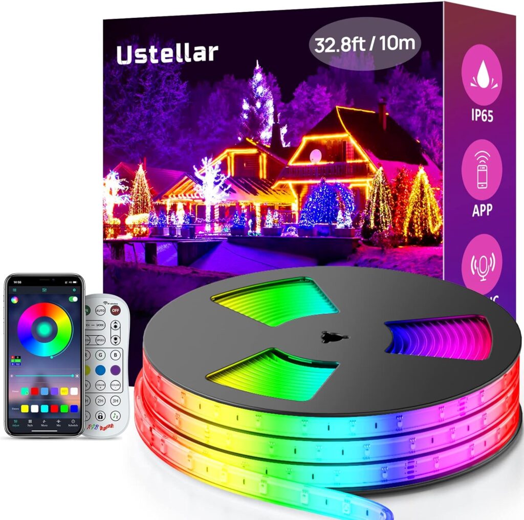USTELLAR 32.8ft Outdoor LED Strip Lights Waterproof IP65, 320 LEDs Rope Light 360lm Plug-in Color Changing Smart App/RF Control Light Brightness Dimmable Music Sync 24V for Balcony, Deck, Roof, Pool