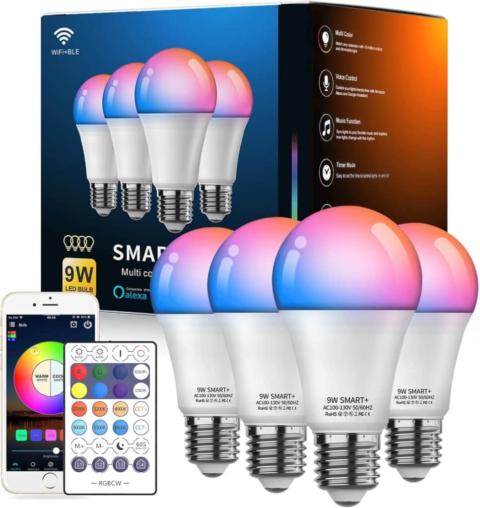 VANANCE Smart Light Bulbs 4Pack with Remote, A19 E26 800LM Color Changing LED, WiFi  Bluetooth 5.0, Warm to Cool White, Dimmable  RGB Home Lighting Works with Alexa Google Assistant
