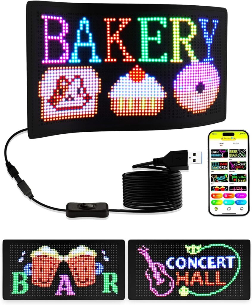 VDIKKS Programmable LED Sign APP Control USB 5V FPCB Digital Sign Image Import Text Scrolling Easy to Animate LED Display Sign for Car Windshield Home Decor Store Window