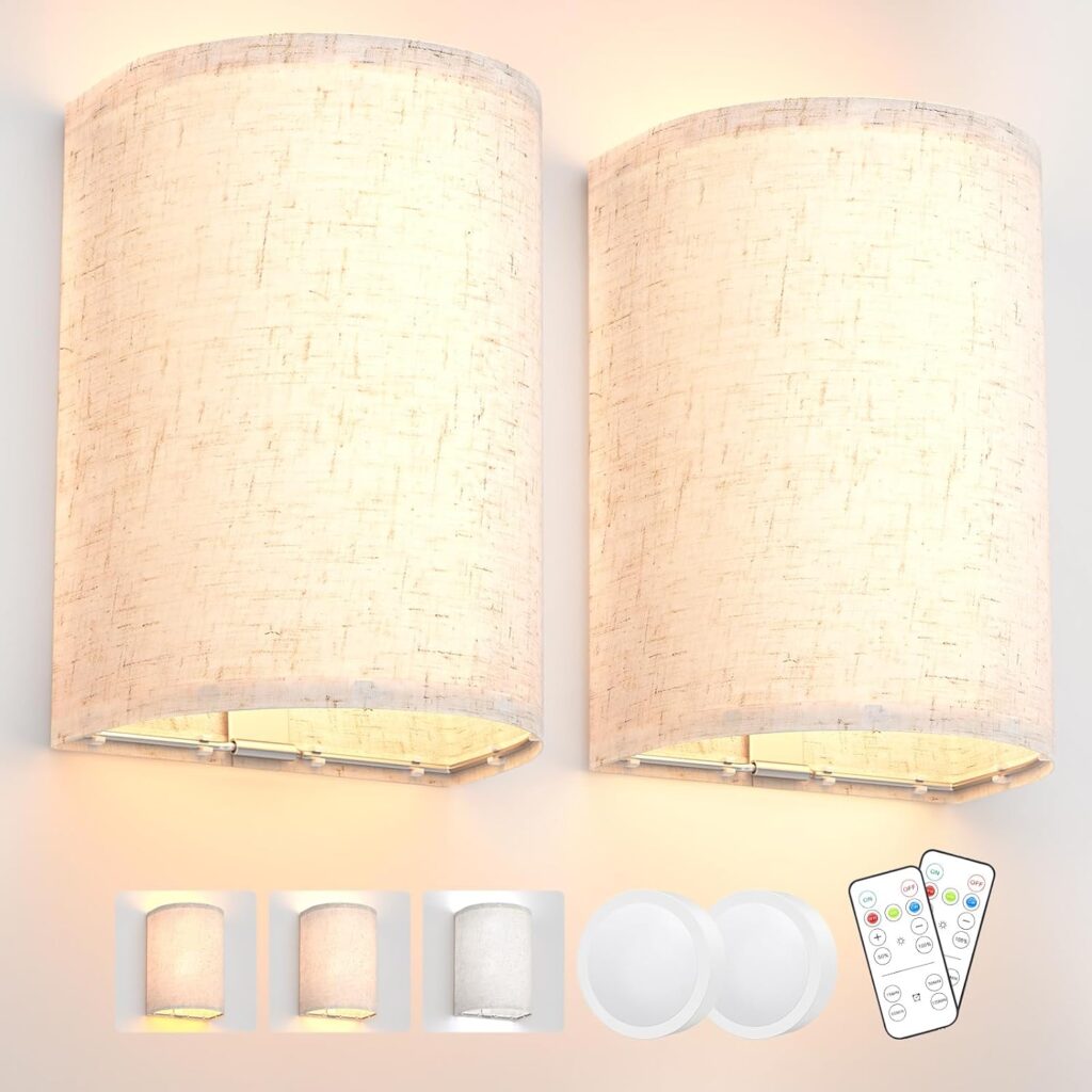 Wall Sconces Set of Two, Battery Rechargeable 3 Colors Changeable Dimmable Wall Lights Fixtures with Remote Control Fabric Height Wall Lamp Sconces for Bedroom Living Room Hallway