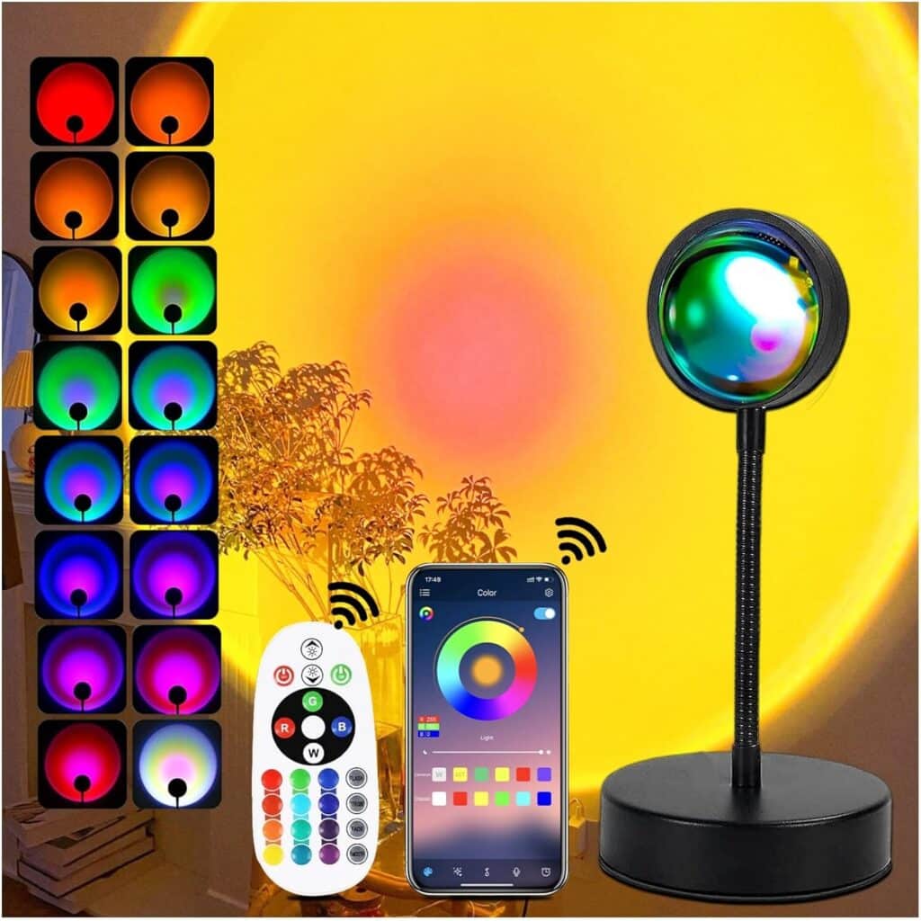 xoddi Sunset Lamp Projector Led Lights with APP Remote, 16 Colors Night Light 360° Rotation Rainbow Lights Sunset Light Projection Lamp for Aesthetic Room Decor and Bedroom Decor Gifts for Women