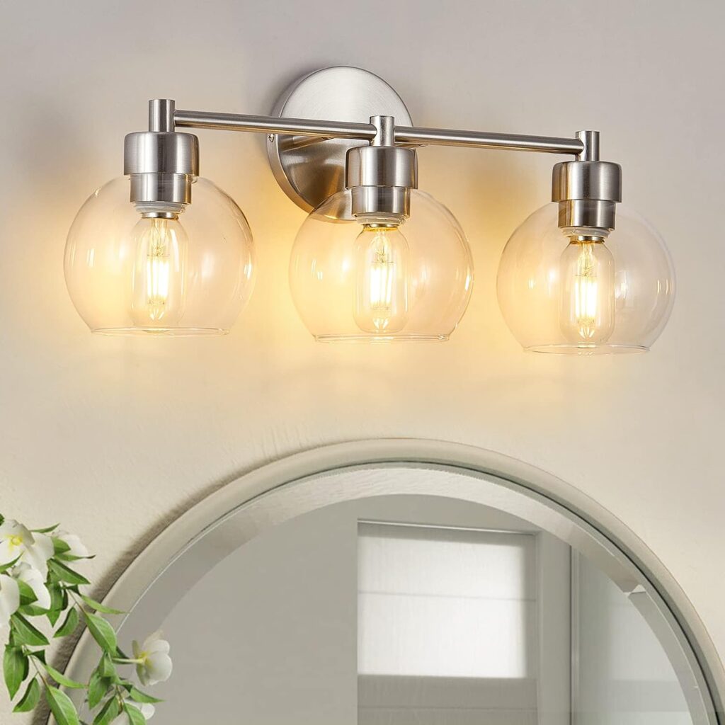 yenlacy 3 Light Bathroom Vanity Light, Brushed Nickel Bathroom Light Fixture with Clear Glass Shade and Metal Base, Vanity Lights for Bathroom, Stairs, Kitchen