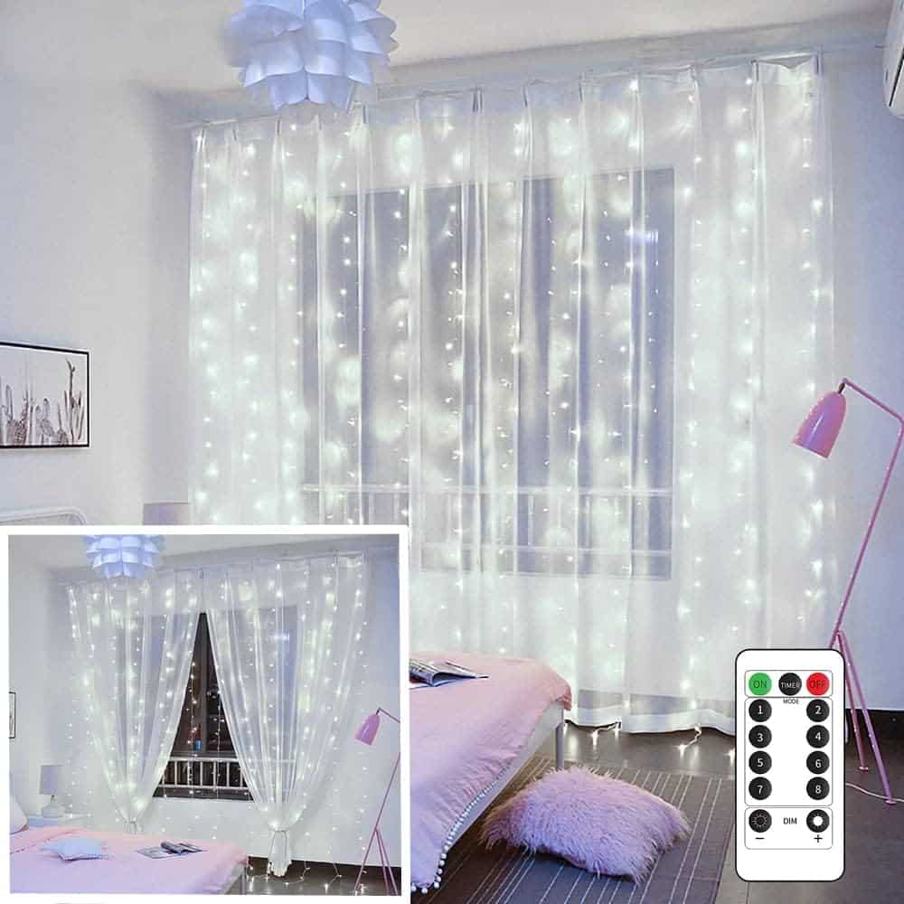 YEOLEH String Lights Curtain,USB Powered Fairy Lights for Bedroom Wall Party,8 Modes  IP64 Waterproof Ideal for Outdoor Wedding Decor (White,7.9Ft x 5.9Ft)
