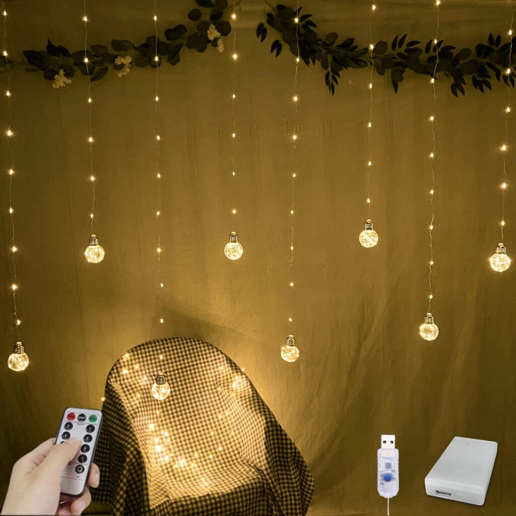 YOLIGHT Wishing Ball Curtain Lights 200 LED Window Curtain String Lights with Remote, USB Battery Powered Twinkle Globe Fairy Lights for Wedding Party Bedroom Christmas Decoration (Warm White)