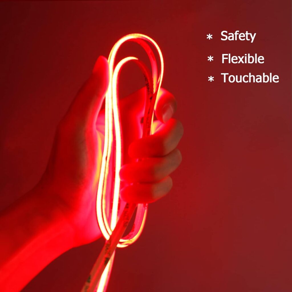 YUNBO 12V COB LED Strip Light Red 620-625nm Dotless High Density 480LEDs/M 16.4FT/5M Super Bright Cuttable Flexible IP20 No Waterproof LED Tape Light for Cabinet Home DIY Lighting Projects