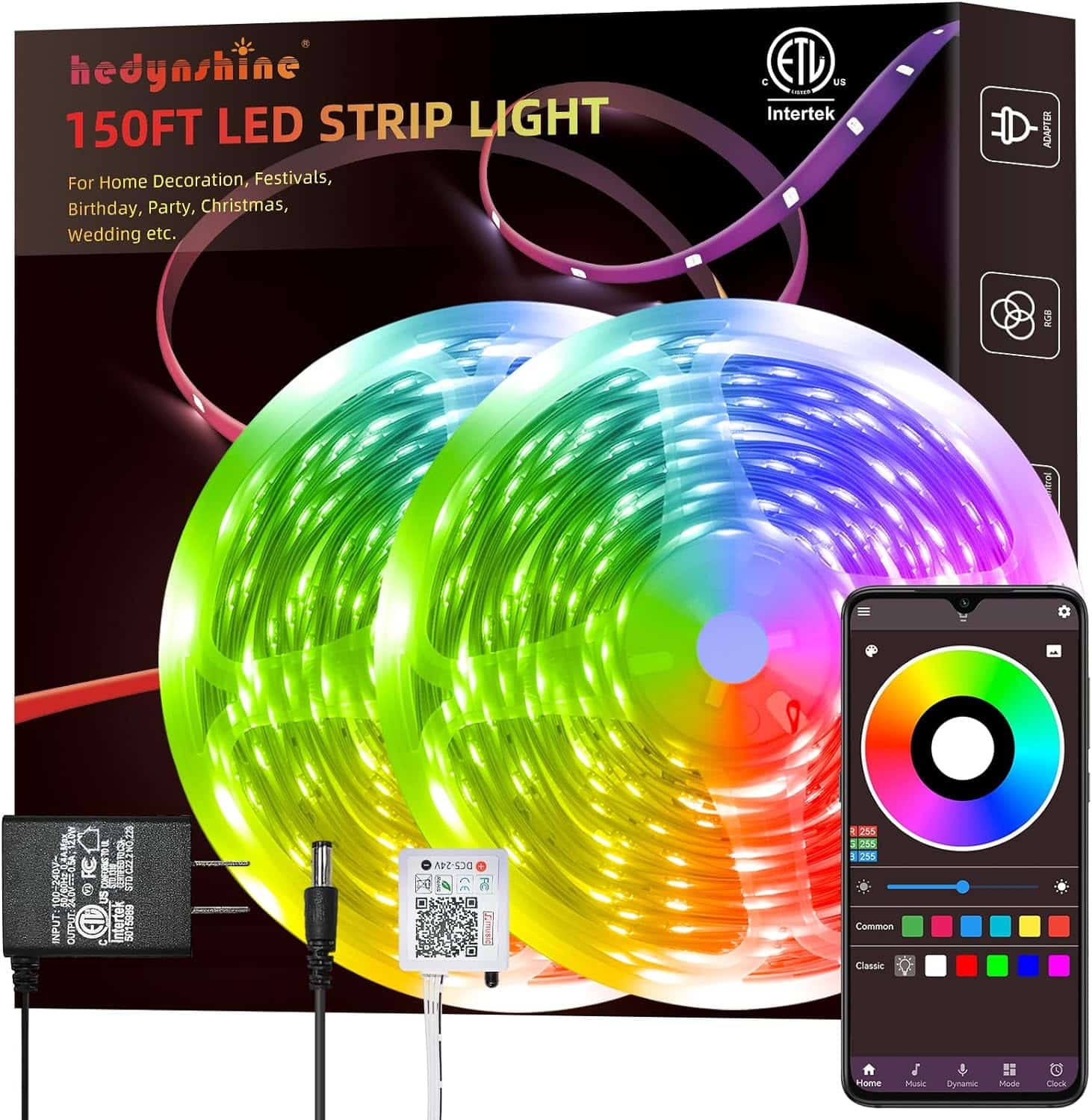 150ft LED Strip Lights, Hedynshine RGB Color Changing by 40key Remote and Phone, LED Strip Lights Music Sync,Smart LED Strip Lights for Bedroom 150feet